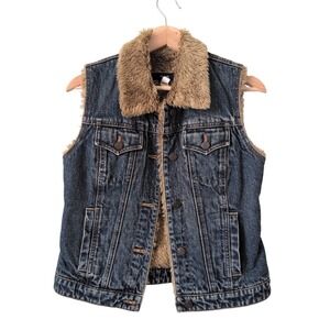 Vintage Gap Y2K Womens XS Denim Trucker Vest Faux Fur Lined Medium Wash Blue